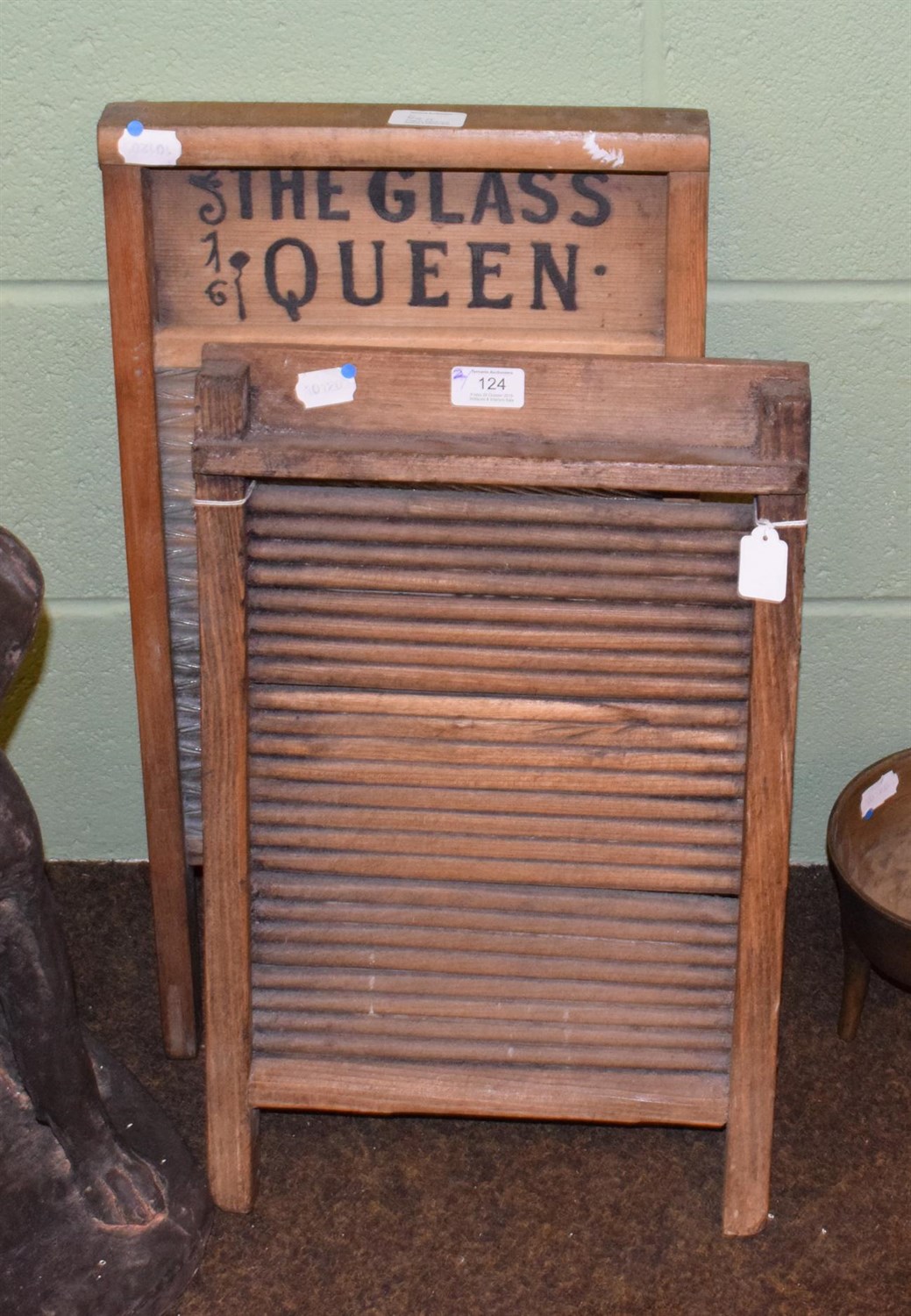 Lot 124 - A Queen Victoria glass washboard, inscribed THE GLASS QUEEN, 60cm high; and a Canadian...