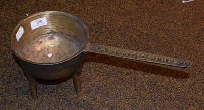 Lot 126 - A bell metal skillet, late 18th century, the handle inscribed BAYLEY & STREET, 37cm long