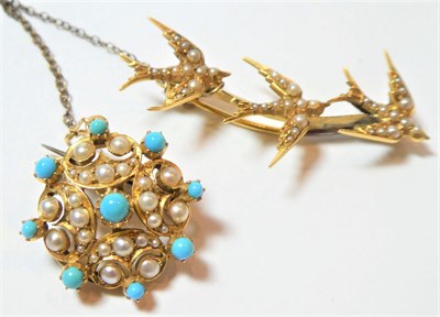 Lot 152 - A turquoise and split pearl cluster brooch, stamped '15', length 2.2cm; and a seed pearl triple...