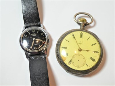Lot 153 - An Omega silver carved pocket watch and a Roamer gents wristwatch (2)