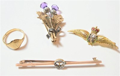 Lot 155 - A 9 carat gold amethyst thistle brooch, length 4cm, a 9 carat gold RAF brooch, length 4.2cm...