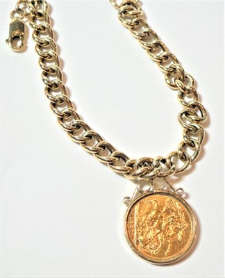 Lot 158 - A 1957 sovereign loose mounted and hung on a 9 carat gold curb link bracelet, length 20cm