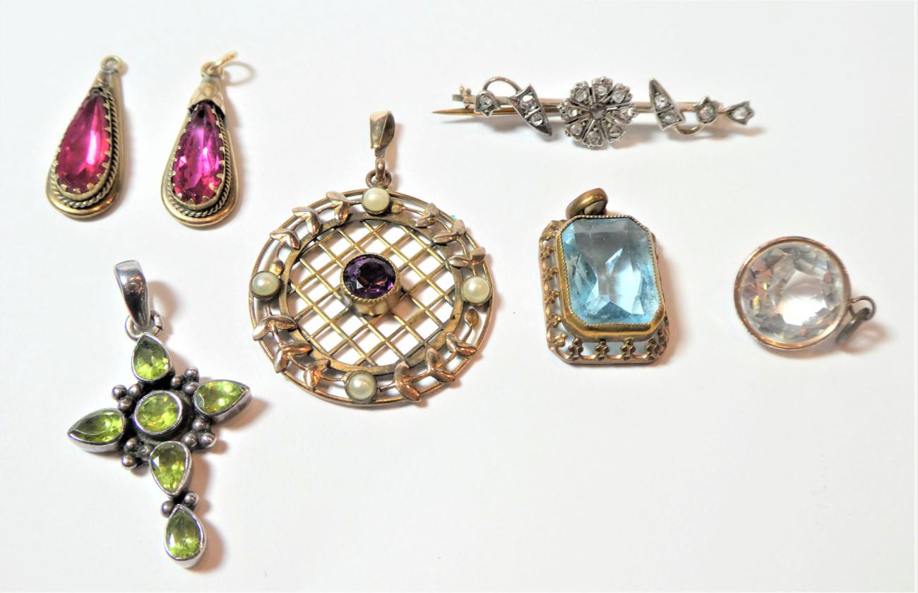 Lot 165 - A diamond floral spray brooch, length 4.3cm; an early 20th century lattice pendant, length...