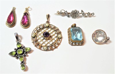 Lot 165 - A diamond floral spray brooch, length 4.3cm; an early 20th century lattice pendant, length...
