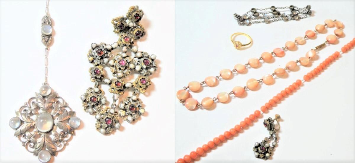 Lot 170 - A coral necklace (a.f.); a moonstone necklace (a.f.); a moonstone bracelet (a.f.); an...