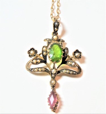 Lot 173 - A seed pearl, peridot and pink stone pendant on chain, pendant length 4cm, chain length 44cm