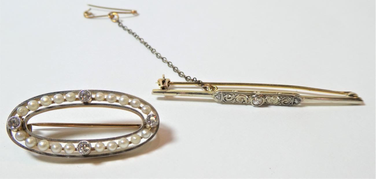 Lot 179 - Two diamond set brooches, an oval form set with seed pearls and collet set old cut diamonds at four