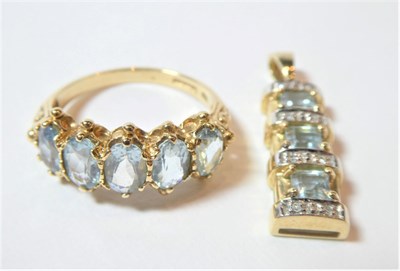 Lot 191 - A 9 carat gold aquamarine five stone ring, finger size P; and a 9 carat gold aquamarine and diamond