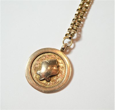 Lot 197 - A 9 carat gold pendant on a guard chain with applied plaque stamped '9c', pendant length 3.4cm,...