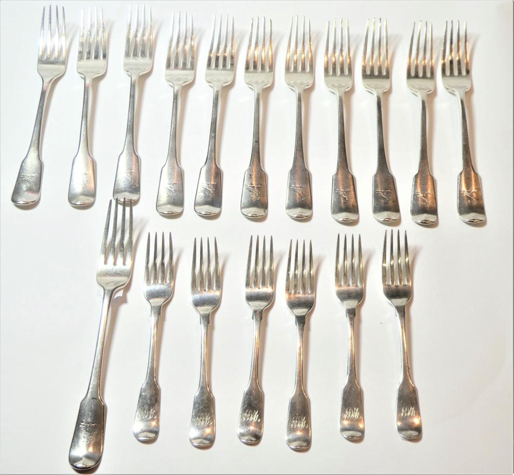 Lot 199 - A set of twelve George III silver table-forks, eleven by George Smith, London, 1799, one...