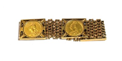 Lot 213 - A 9 carat gold bracelet with three Victorian full sovereigns dated 1887, length 19.5cm
