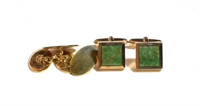 Lot 216 - A pair of 9 carat gold cufflinks; together with another pair of 9 carat gold cufflinks inset...