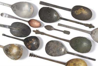 Lot 546 - A Collection of Latten and Pewter Spoons, 14th-18th century, of various patterns, wrythen knop,...