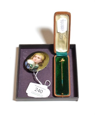 Lot 240 - A seed pearl stick pin, stamped '15CT'; and a porcelain miniature brooch