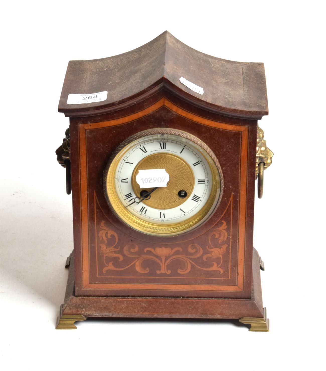 Lot 264 - Edwardian inlaid mahogany mantle clock, enamel chapter ring with retailers inscription Thomas...