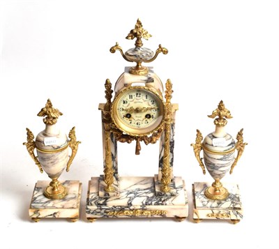 Lot 266 - A marble and gilt metal mounted striking mantel clock, with garniture, dial inscribed Chanteau...