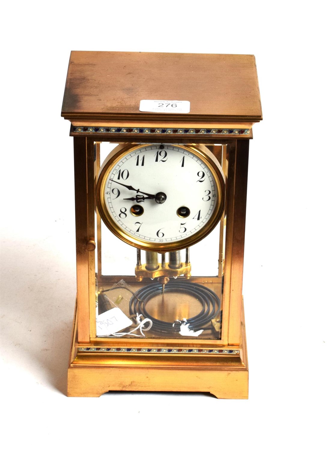 Lot 276 - A brass and champleve enamel four glass striking mantel clock, circa 1900, champleve enamel...