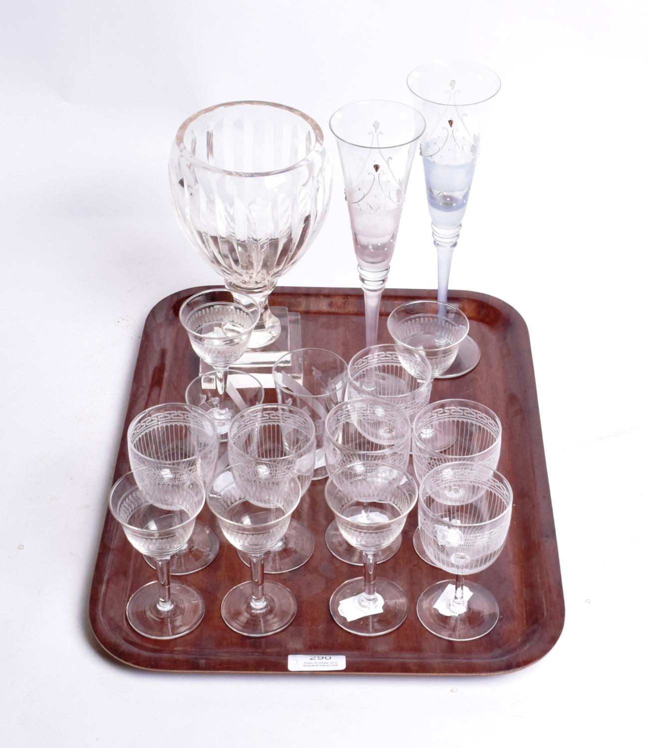Lot 290 - A glass tazza; a glass vase; two Venetian glasses; a pressed glass charger with thirteen...