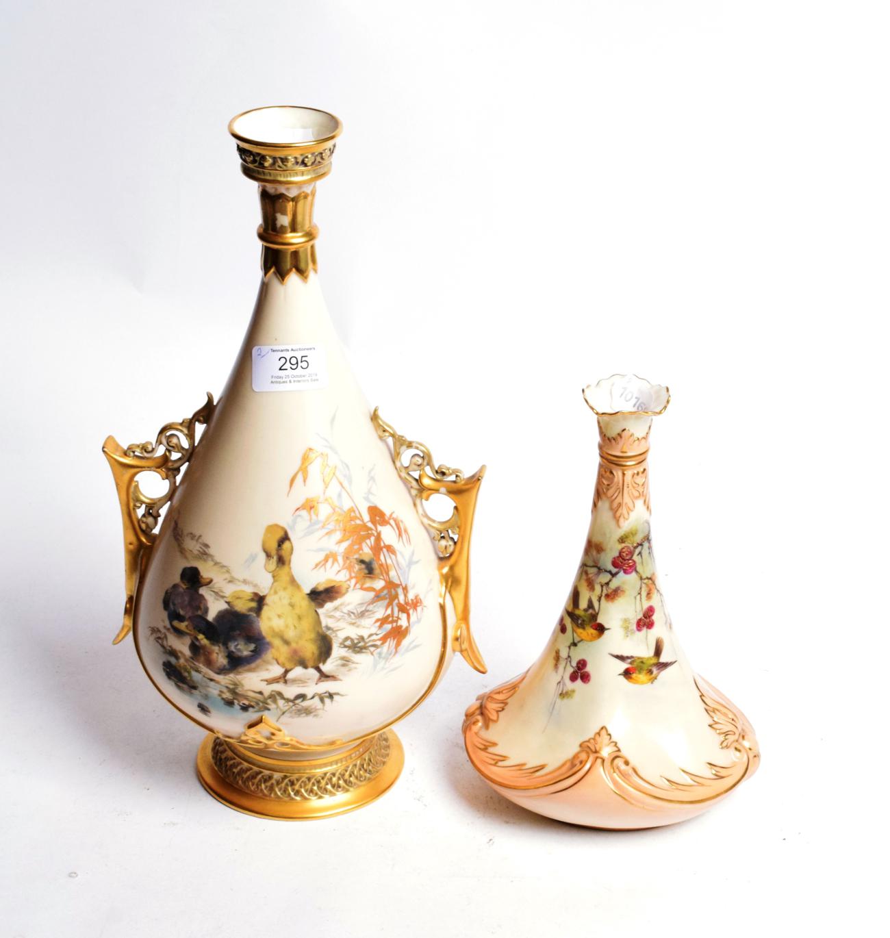 Lot 295 - A Royal Worcester blush ground twin-handled vase, decorated with ducklings; with another Royal...