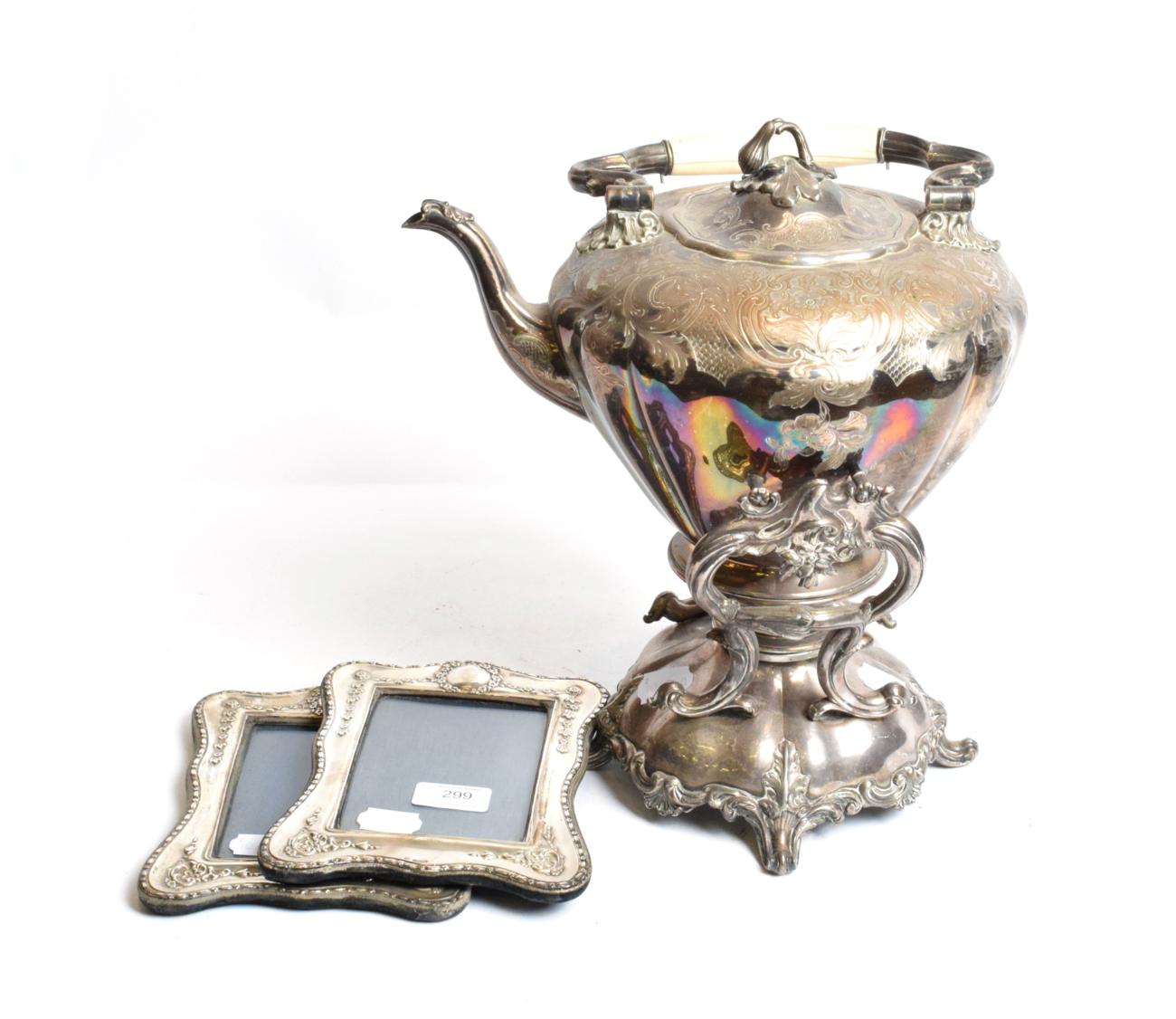 Lot 299 - A pair of silver photograph frames and a kettle on stand