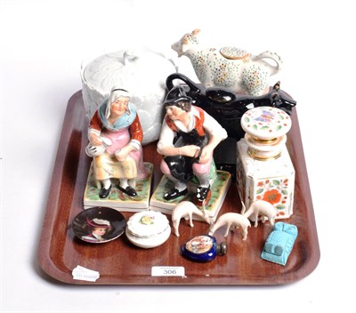 Lot 306 - Two 19th century Staffordshire figures; a French scent bottle; two cow creamers etc