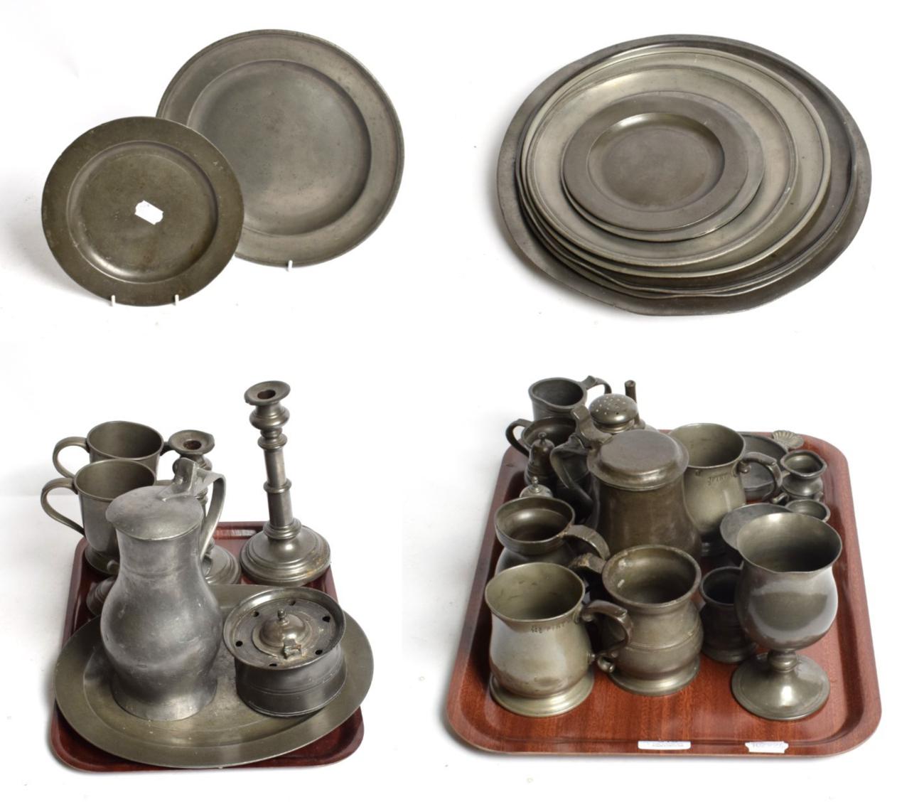Lot 310 - A collection of late 18th /early 19th century pewter including tankards, measure and chargers;...