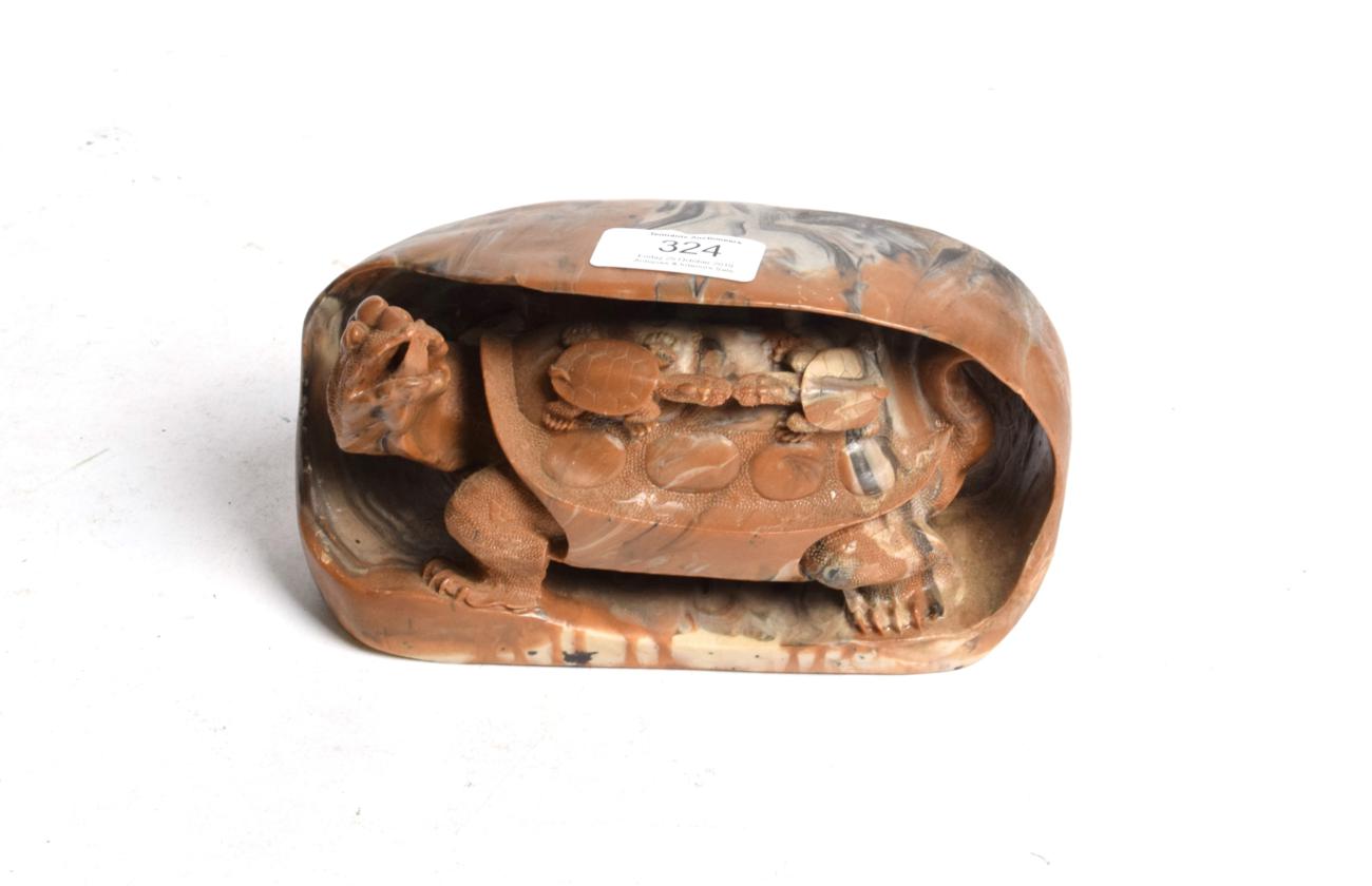 Lot 324 - A Chinese soapstone carving, turtle with two young, 18cm long