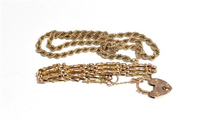 Lot 340 - A 9 carat gold rope twist necklace, length 41cm; and a gate link bracelet with heart shaped...