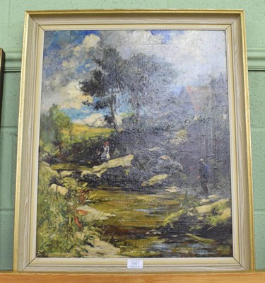 Lot 1001 - Joshua Anderson Hague (1850-1916), Figures by the riverbank, signed, oil on canvas, 60cm by 49.5cm