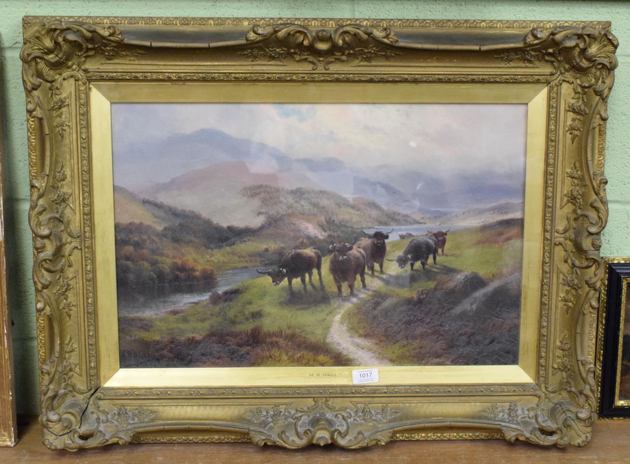 Lot 1017 - Henry Robinson Hall (1859-1927), Highland cattle, signed, inscribed verso, oil on canvas, 39cm...