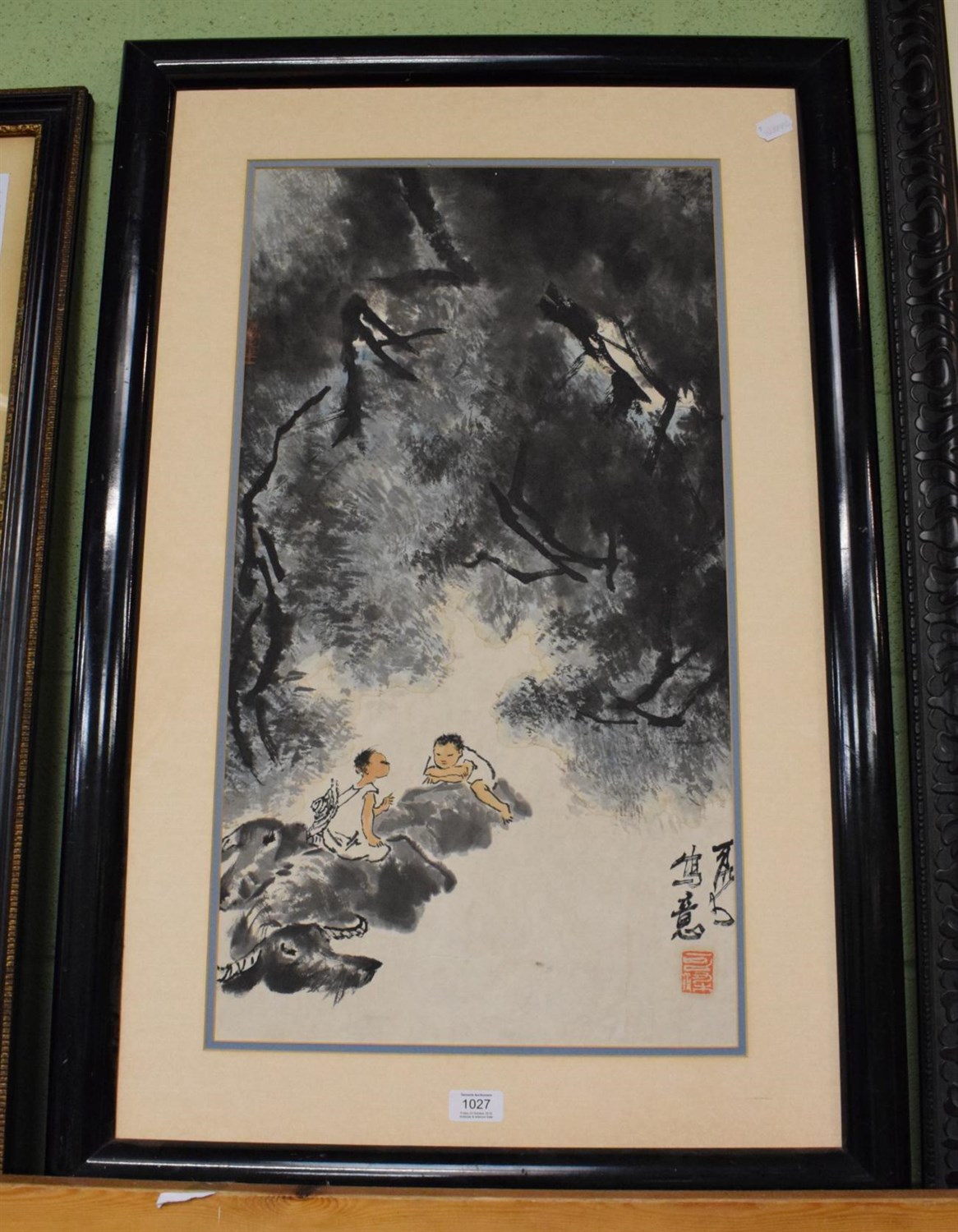 Lot 1027 - A Chinese watercolour of two figures on buffalo, signed, Q'Raishi