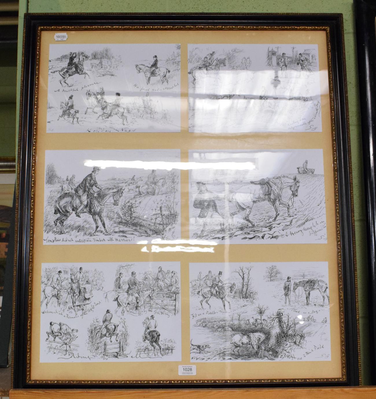 Lot 1028 - Hogarth type frame containing six hunting pictures