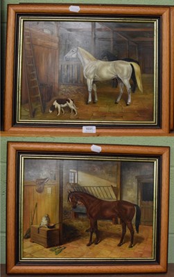 Lot 1031 - * Nadler (19th/20th c) A pair of oil paintings of horses in a barn, signed, oil on board, 29cm...