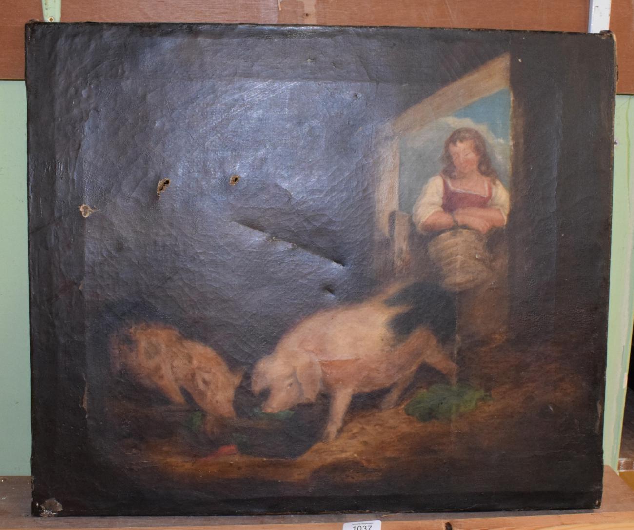 Lot 1037 - Attributed to George Morland, Girl feeding prize sows, oil on canvas, 51cm by 60.5cm