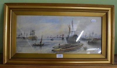 Lot 1038 - W H Vernon, a study of tall ships at harbour, signed, watercolour, 23cm by 52.5cm