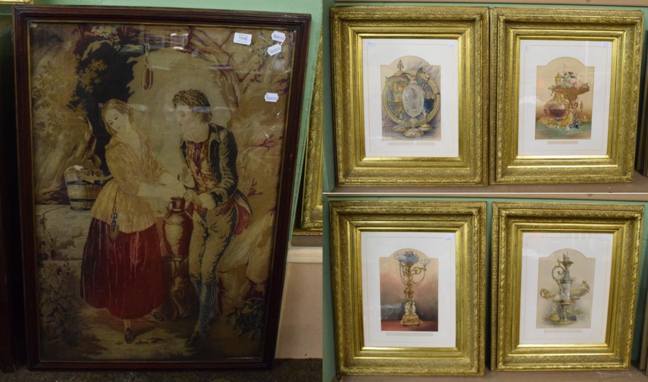 Lot 1048 - Four gilt framed chromolithographs c.1860 depicting enamel ware, chandeliers and plate ware,...
