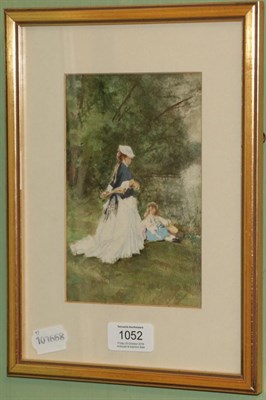 Lot 1052 - French School (late 19th century), Lady and girl by riverside, watercolour, 17cm by 11cm...