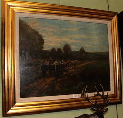 Lot 1055 - E. Halstead (20th century), Horses and cart on rural track, signed, oil on canvas, 55cm by 70.5cm