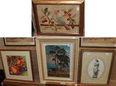 Lot 1082 - A 19th century wool work picture of a parrot and cherries, together with a wool work picture of...