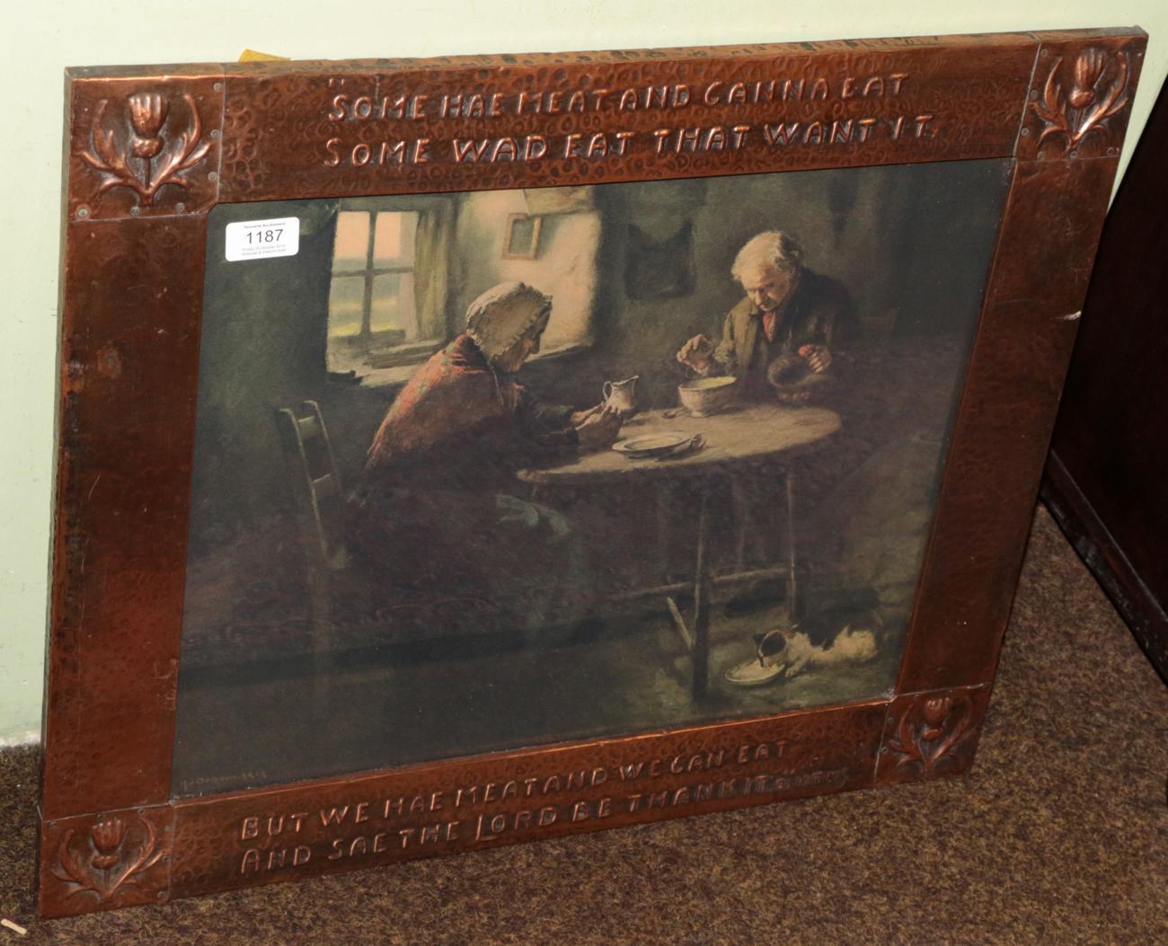 Lot 1187 - An Arts and Crafts hammered copper mirror frame, and a print after Dobson