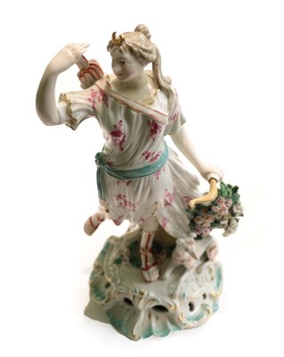 Lot 353 - A Derby porcelain figure of Diana, circa 1770, the standing huntress holding a bow, her dog at...