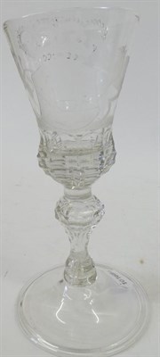 Lot 1 - A Continental Wine Glass, probably Silesian, circa 1740, the thistle shaped bowl engraved with...