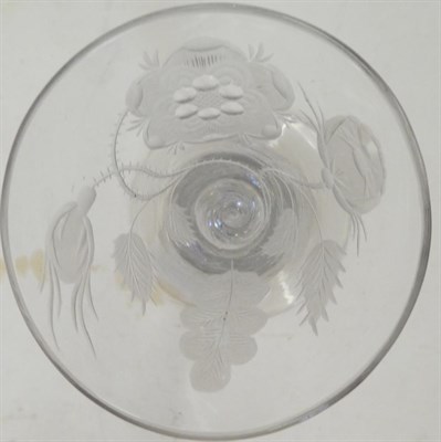 Lot 3 - A Jacobite Wine Glass, circa 1750, the drawn trumpet bowl engraved with a rose and buds on a thorny