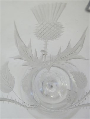 Lot 4 - A Jacobite Wine Glass, circa 1750, the drawn trumpet bowl engraved with a rose and two buds on...