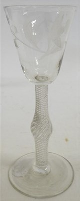Lot 6 - A Wine Glass, circa 1750, the rounded funnel bowl engraved with tulips, lily of the valley and...