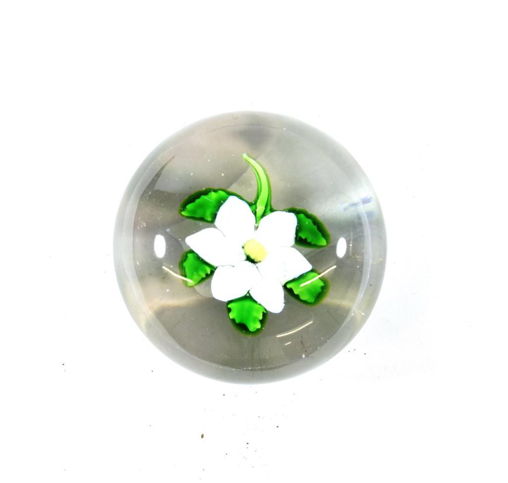 Lot 32 - A St Louis White Double Clematis Paperweight, circa 1850, with green stem and leaves, 6.5cm...