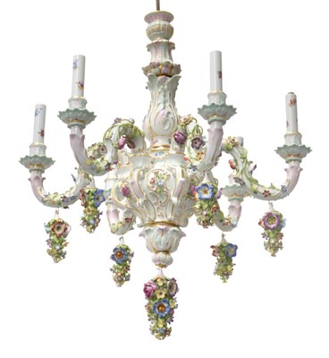 Lot 47 - A Meissen Porcelain Six-Light Electrolier, 20th century, with leaf sheathed baluster column and...