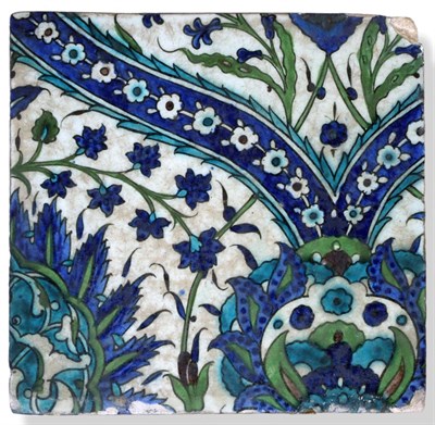 Lot 51 - A Damascus Pottery Tile, circa 1580, painted in blue, green and turquoise with stylised...