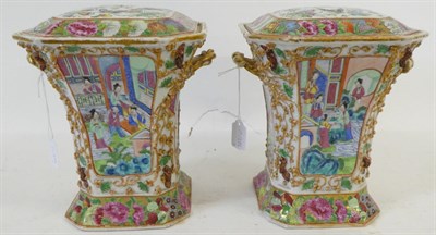 Lot 61 - A Pair of Cantonese Porcelain Bough Pots and Covers, mid 19th century, of flared canted square form