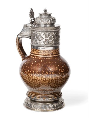 Lot 160 - A George V Silver-Mounted Stoneware Jug by S. Blanckensee and Son Ltd., Birmingham, 1920, the...